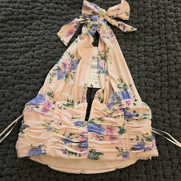 Zara Floral Ruched Halter Top Pink Size Large - Picture 2 of 10